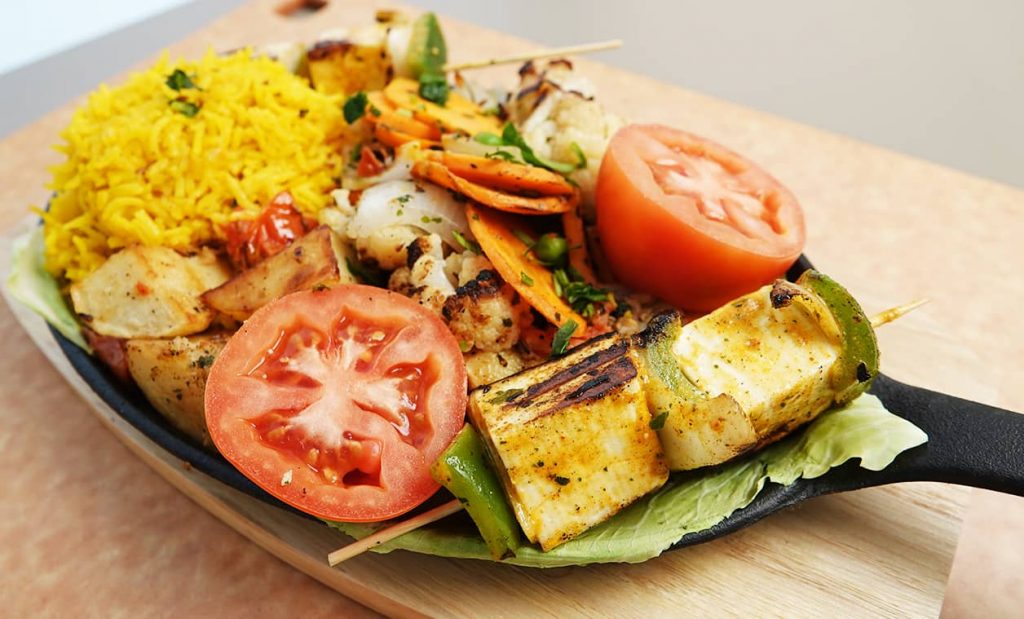 Paneer Sizzler with Yellow Rice and Veggies Recipe Veggie Fest
