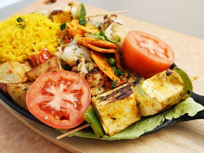 Paneer Sizzler with Yellow Rice and Veggies